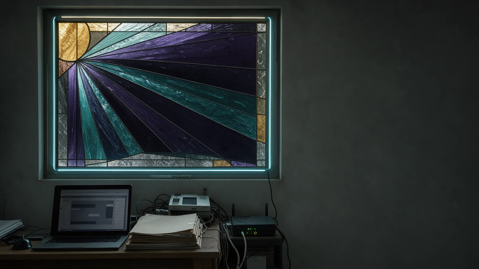 Recepción de un consultorio de noche, vacía: sobre el escritorio una laptop, carpetas, un módem viejo y un router con luces encendidas; arriba, un vitral con un sol que entra desde la esquina superior izquierda