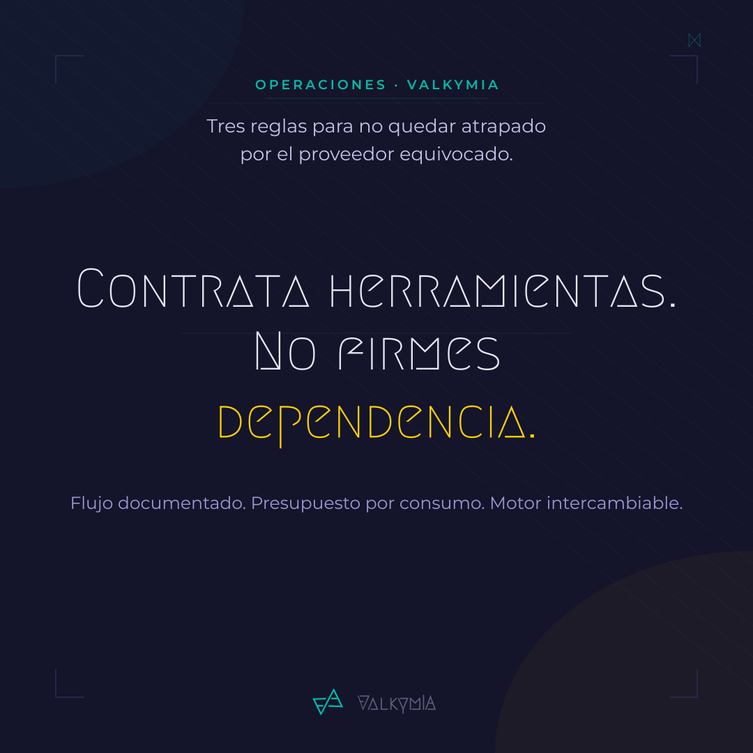 Tarjeta con el lema de ValkymIA: 'Contrata herramientas, no firmes dependencia' — flujo documentado, presupuesto por consumo, motor intercambiable